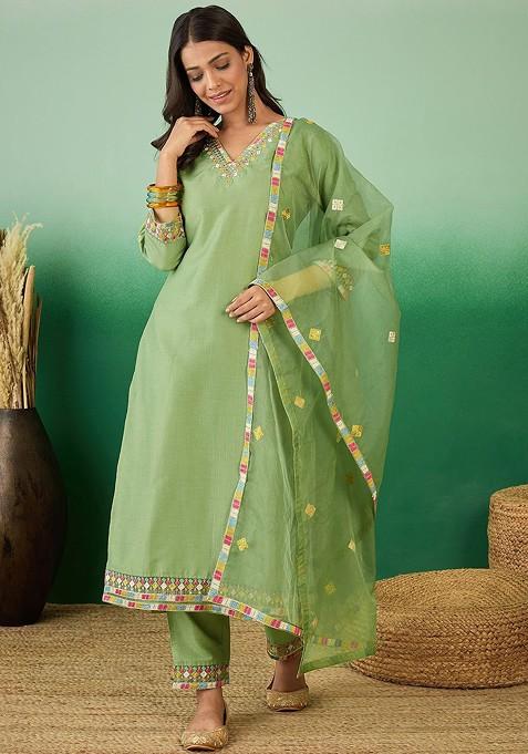 Green Embroidered Blended Straight Kurta Set