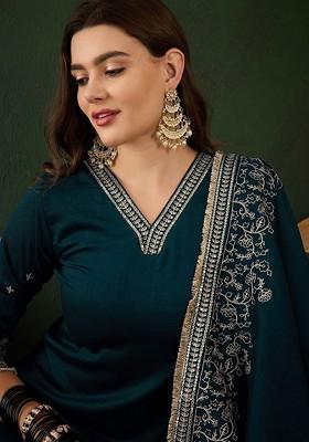 Green Floral Sequin Embroidered Kurta With Trousers And Dupatta