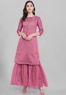 Pink Tie Up Neck Gota Patti Chanderi Cotton Kurta With Sharara