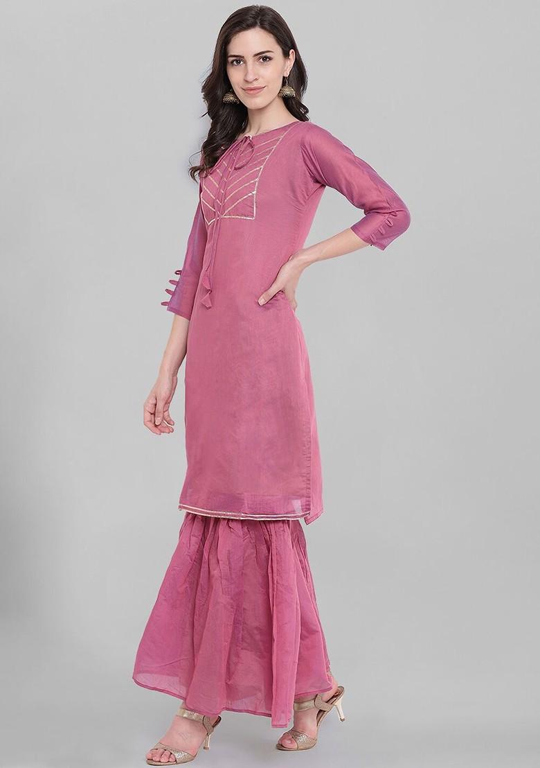 Pink Tie Up Neck Gota Patti Chanderi Cotton Kurta With Sharara