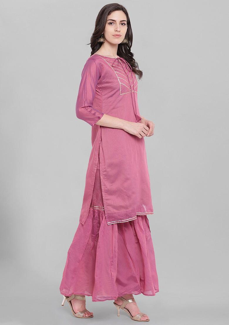 Pink Tie Up Neck Gota Patti Chanderi Cotton Kurta With Sharara