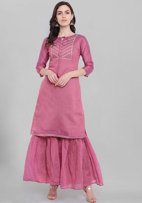 Pink Tie Up Neck Gota Patti Chanderi Cotton Kurta With Sharara