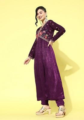 Purple Floral Embroidered Sequin Velvet Kurta With Trousers