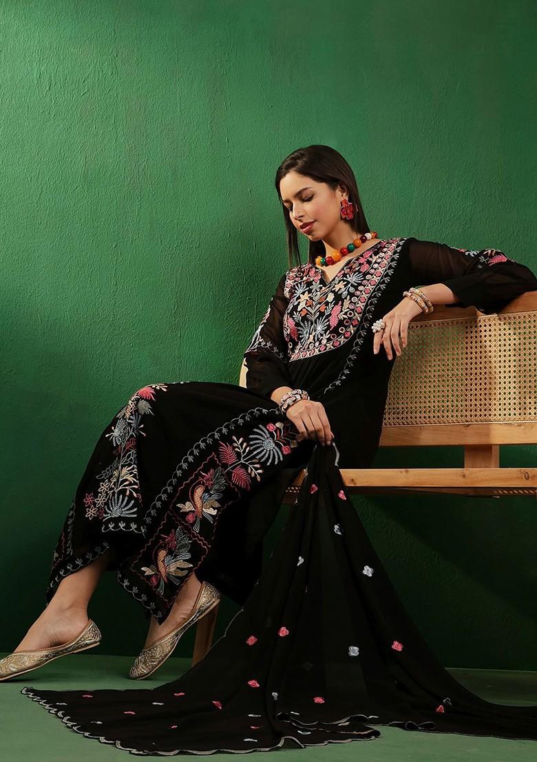Black Floral Embroidered A Line Kurta With Palazzos And Dupatta