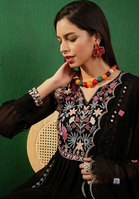 Black Floral Embroidered A Line Kurta With Palazzos And Dupatta