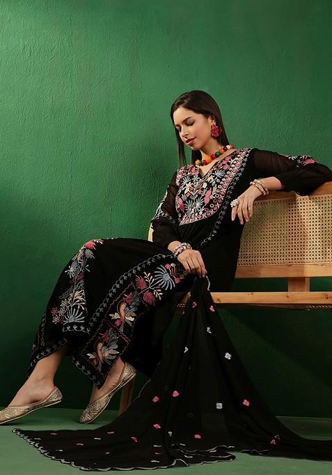 Black Floral Embroidered A Line Kurta With Palazzos And Dupatta