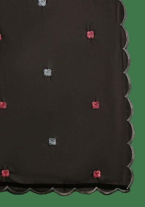 Black Floral Embroidered A Line Kurta With Palazzos And Dupatta