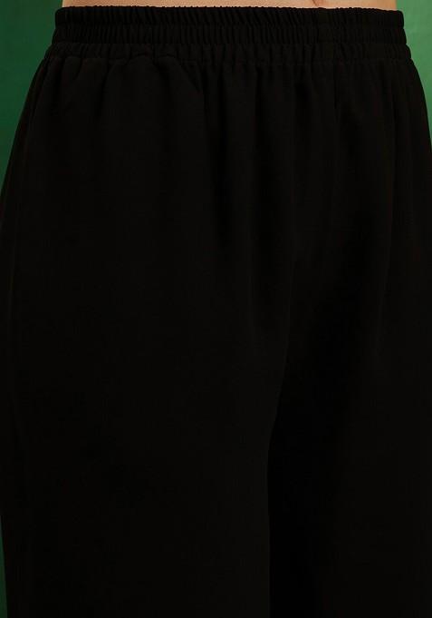 Black Floral Embroidered A Line Kurta With Palazzos And Dupatta