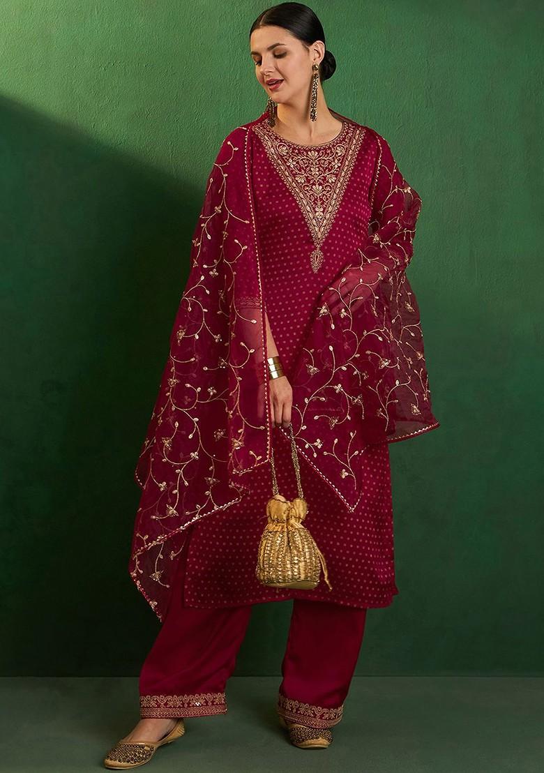 Pink Floral Embroidered Straight Kurta With Trouser And Dupatta