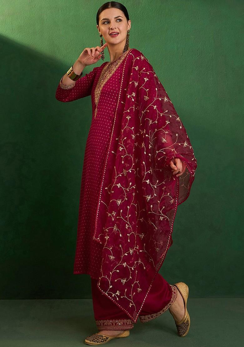 Pink Floral Embroidered Straight Kurta With Trouser And Dupatta