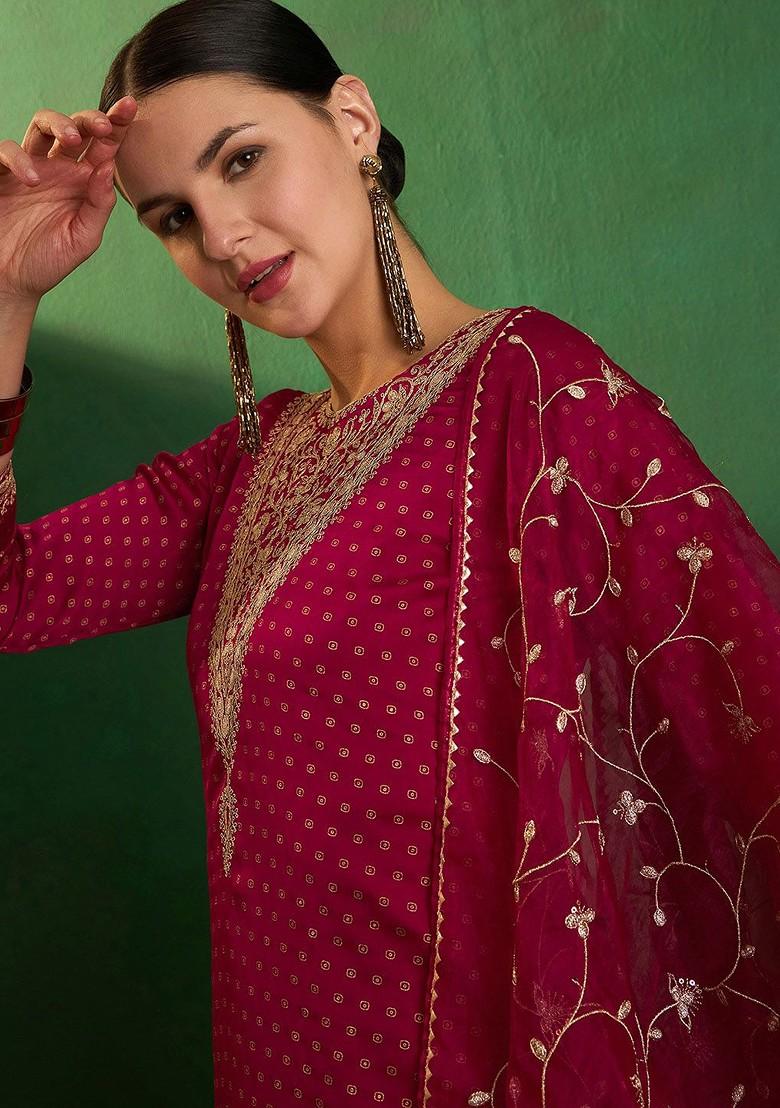 Pink Floral Embroidered Straight Kurta With Trouser And Dupatta