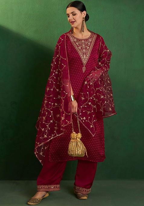 Pink Embroidered Blended Straight Kurta Set