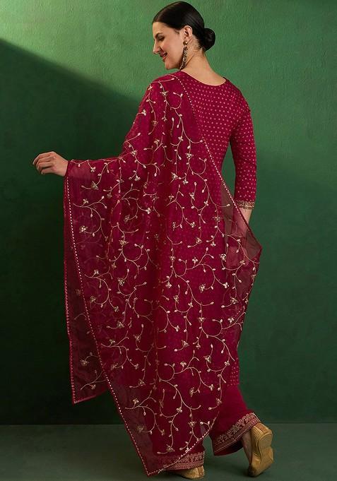 Pink Floral Embroidered Straight Kurta With Trouser And Dupatta