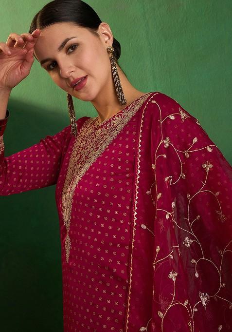 Pink Floral Embroidered Straight Kurta With Trouser And Dupatta