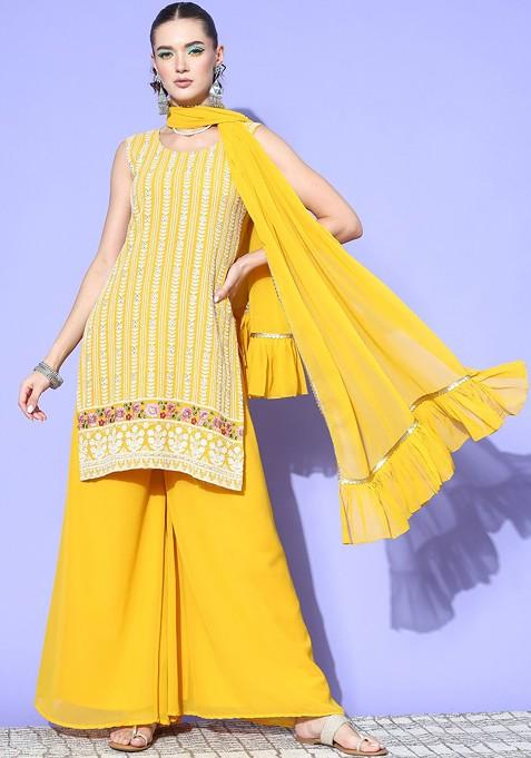 Yellow Floral Embroidered Thread Work Straight Kurta And Palazzos With Dupatta