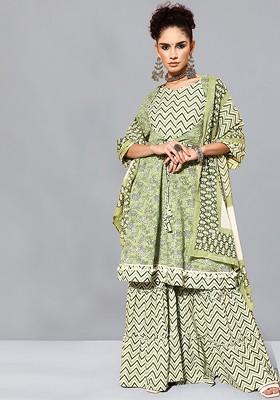 Floral Print Anarkali Kurta With Sharara And Dupatta