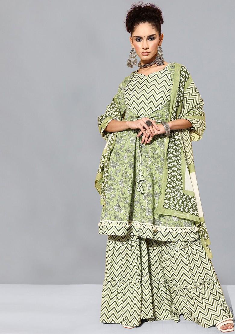 Floral Print Anarkali Kurta With Sharara And Dupatta