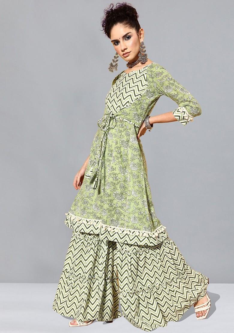 Floral Print Anarkali Kurta With Sharara And Dupatta