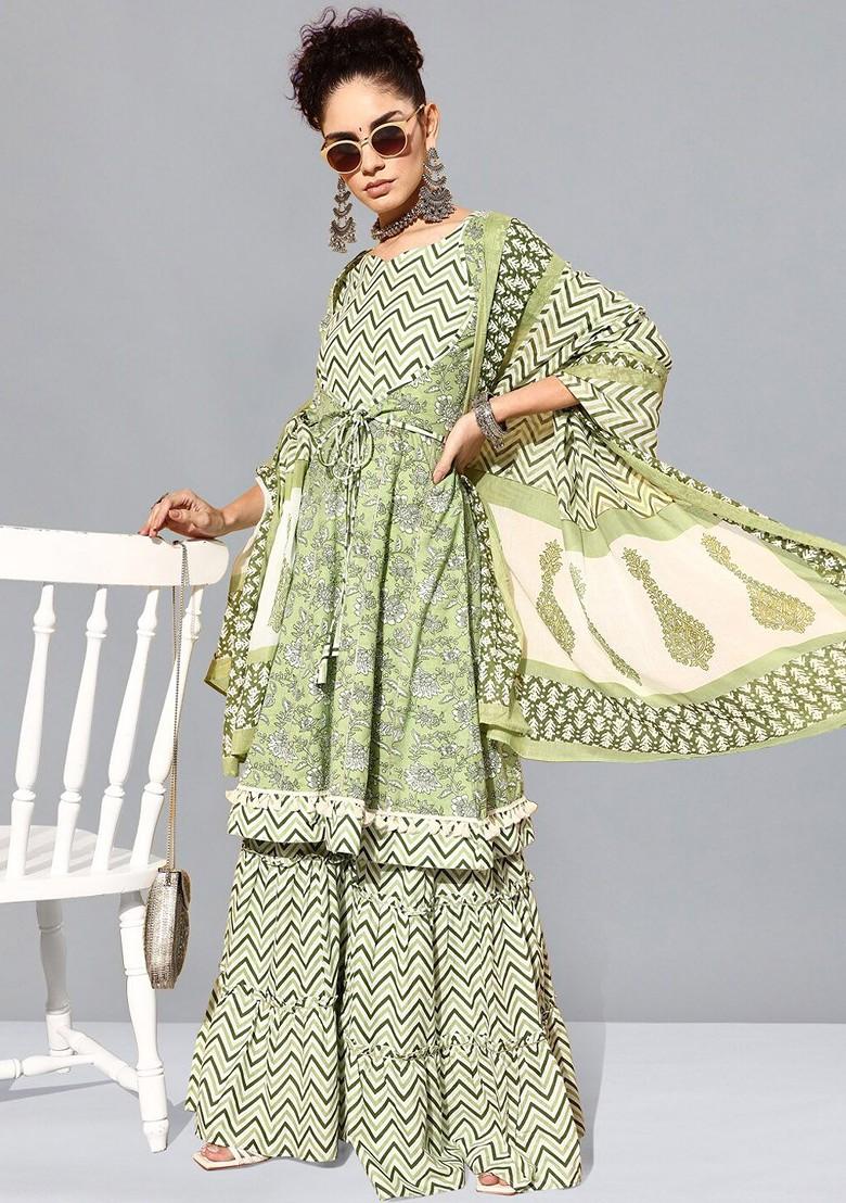 Floral Print Anarkali Kurta With Sharara And Dupatta