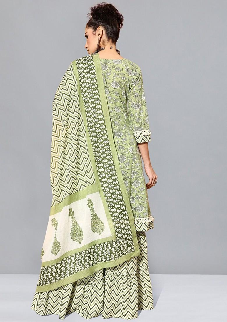 Floral Print Anarkali Kurta With Sharara And Dupatta