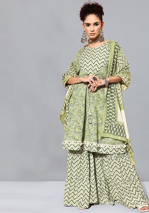 Floral Print Anarkali Kurta With Sharara And Dupatta