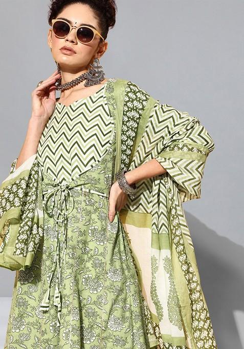 Floral Print Anarkali Kurta With Sharara And Dupatta