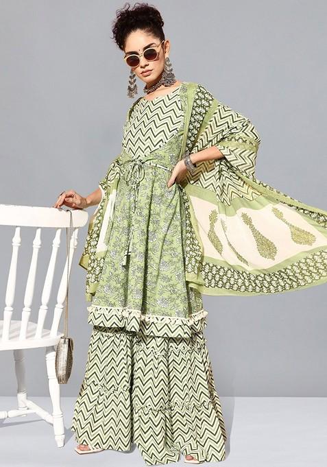 Floral Print Anarkali Kurta With Sharara And Dupatta