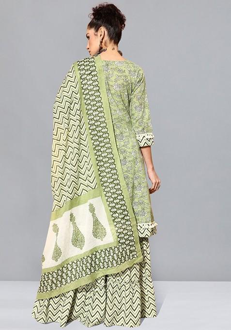 Floral Print Anarkali Kurta With Sharara And Dupatta