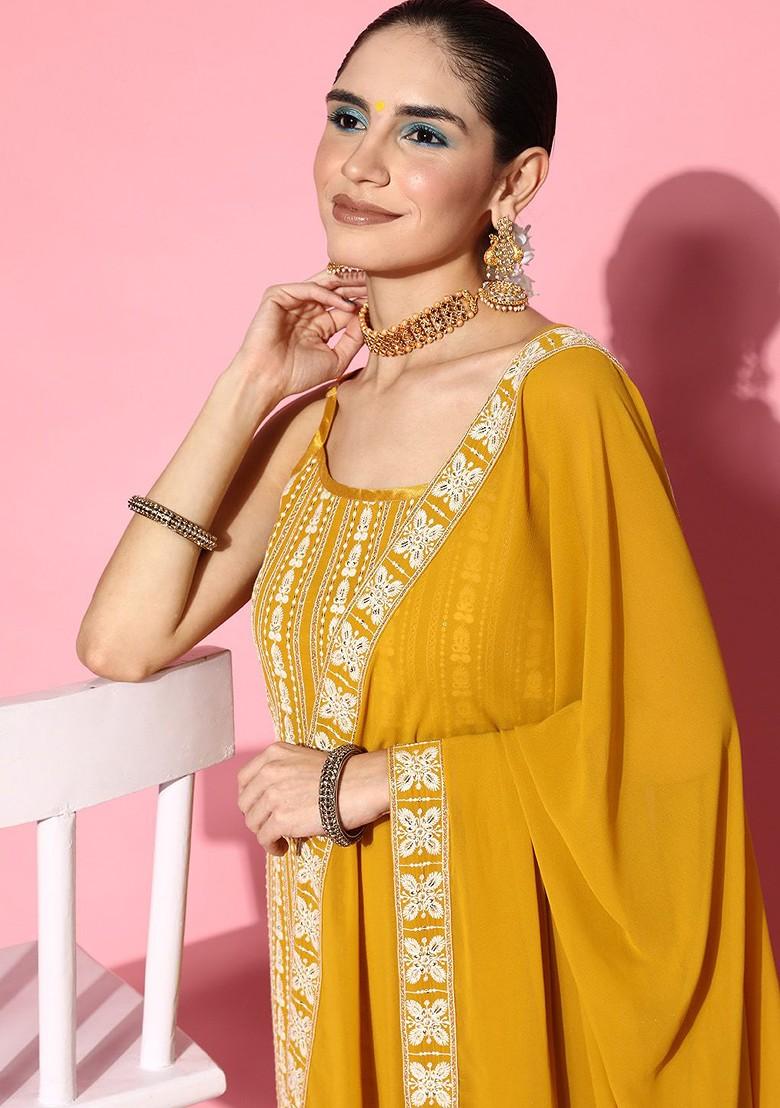 Yellow Ethnic Motifs Sequin Embroidered Kurta With Trouser And Dupatta Set
