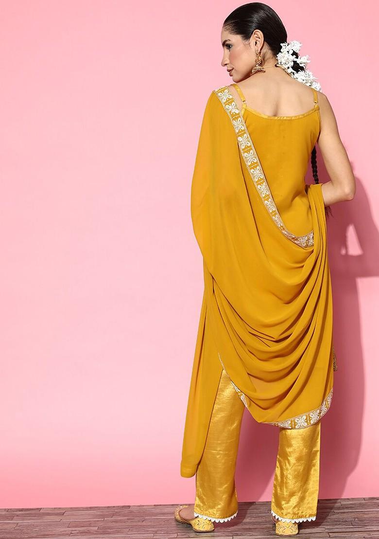 Yellow Ethnic Motifs Sequin Embroidered Kurta With Trouser And Dupatta Set