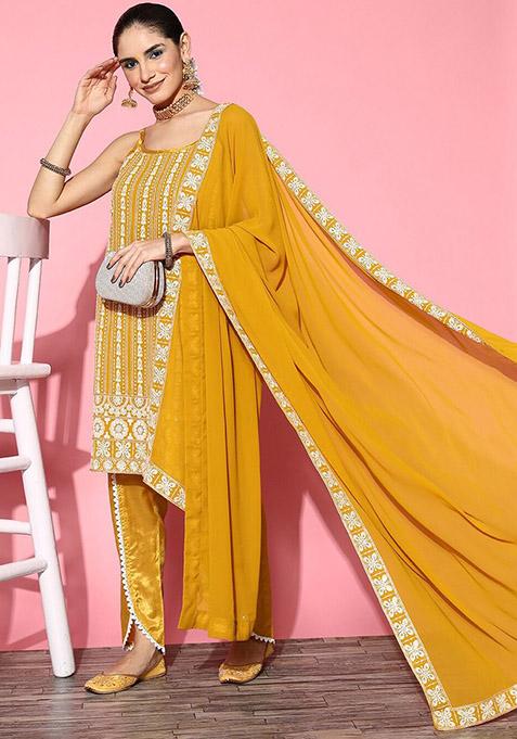 Yellow Embroidered Blended Straight Kurta Set