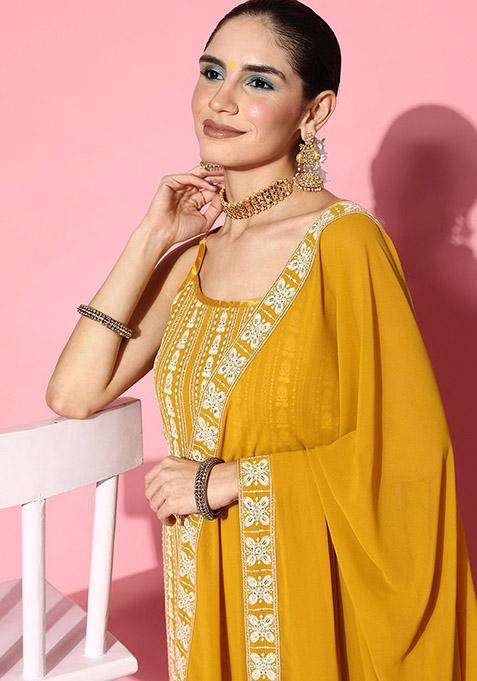 Yellow Ethnic Motifs Sequin Embroidered Kurta With Trouser And Dupatta Set