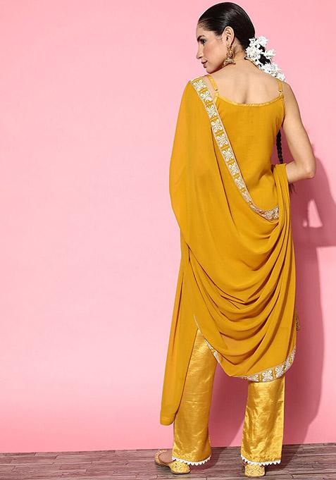 Yellow Ethnic Motifs Sequin Embroidered Kurta With Trouser And Dupatta Set