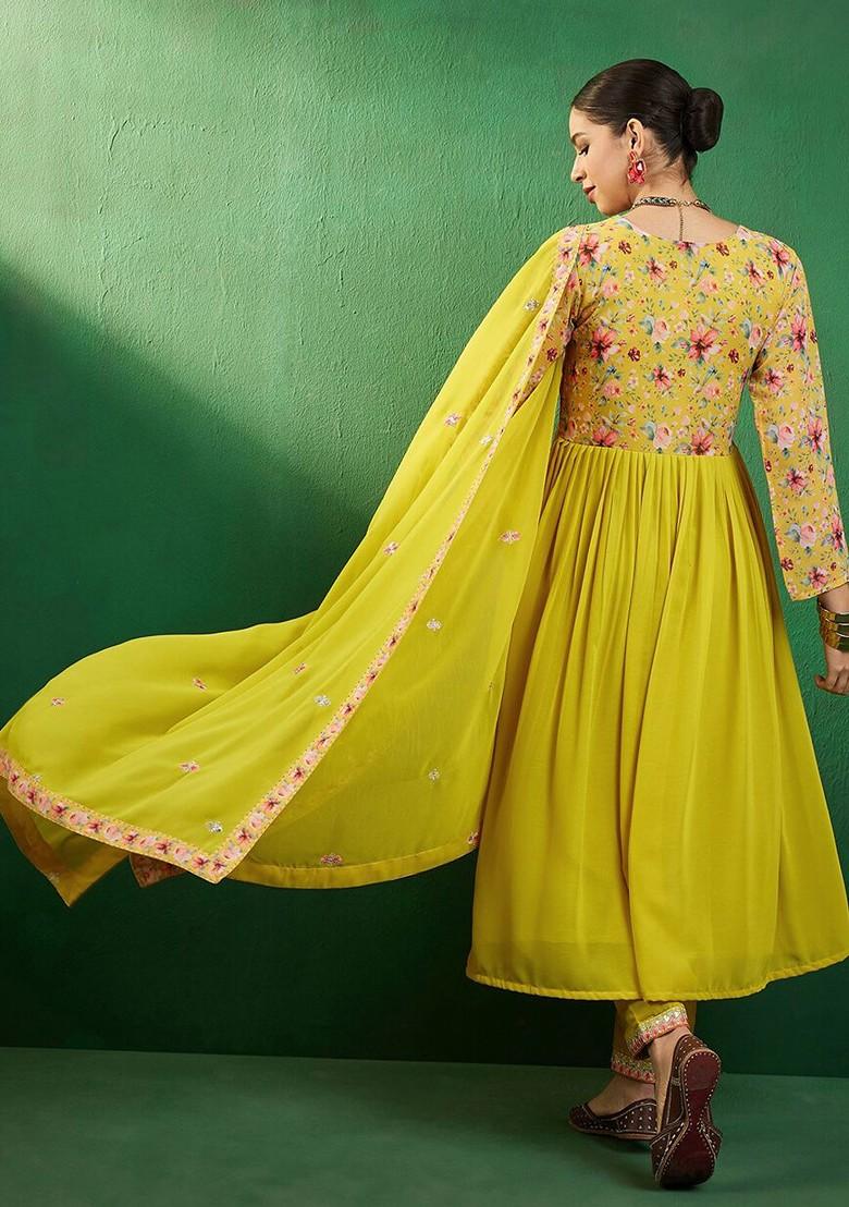 Yellow Yoke Design Printed Georgette Kurta With Trousers And Dupatta