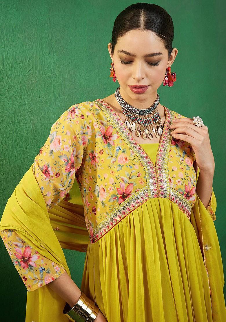 Yellow Yoke Design Printed Georgette Kurta With Trousers And Dupatta