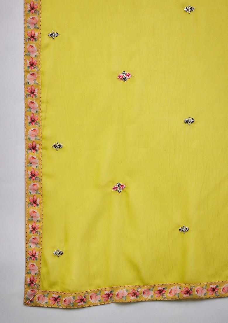 Yellow Yoke Design Printed Georgette Kurta With Trousers And Dupatta