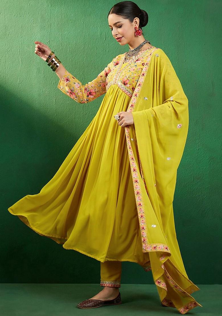Yellow Yoke Design Printed Georgette Kurta With Trousers And Dupatta