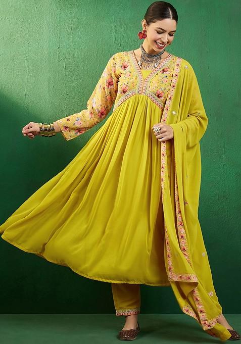 Yellow Yoke Design Printed Georgette Kurta With Trousers And Dupatta