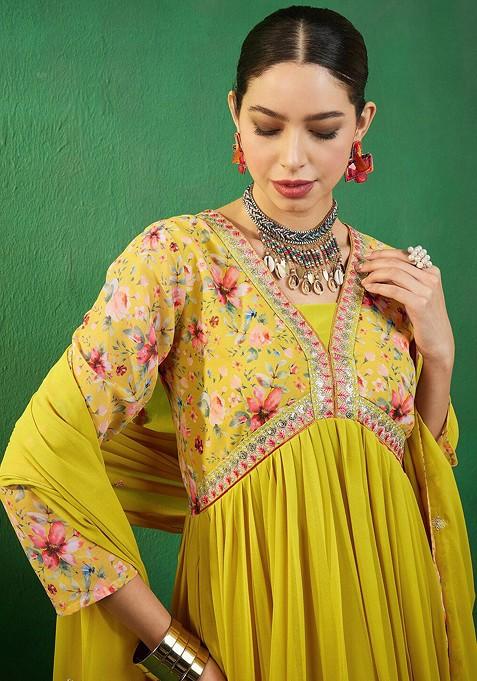 Yellow Yoke Design Printed Georgette Kurta With Trousers And Dupatta