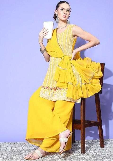 Yellow Embroidered Straight Kurta With Palazzo And Dupatta