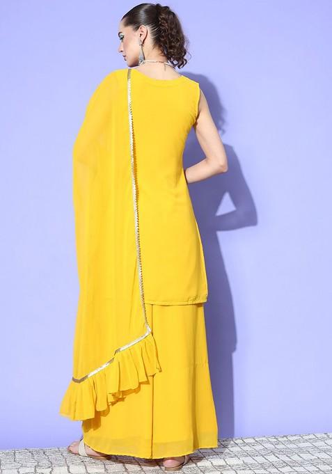 Yellow Embroidered Straight Kurta With Palazzo And Dupatta