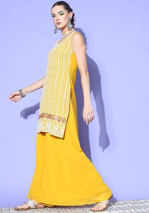 Yellow Embroidered Straight Kurta With Palazzo And Dupatta