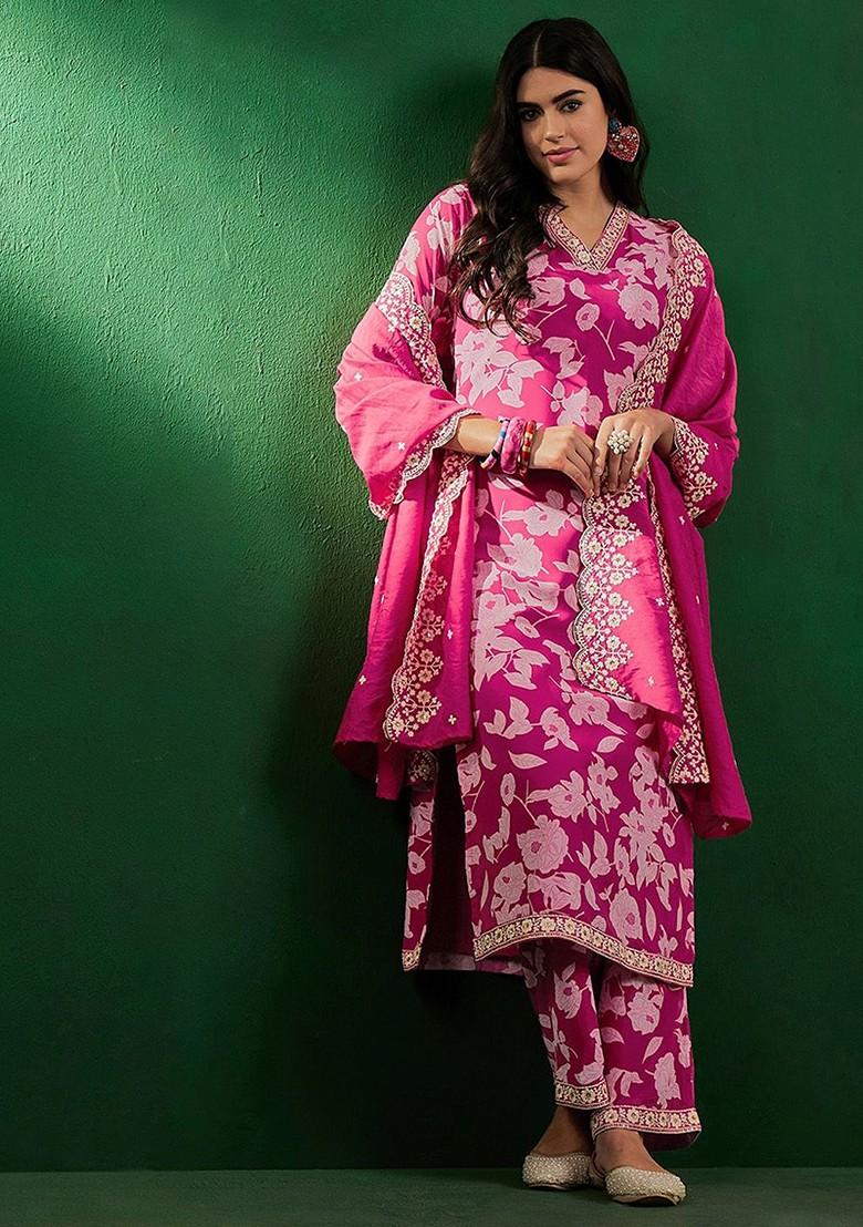 Pink Floral Print Bead And Stones Zari Straight Kurta With Palazzo And Dupatta