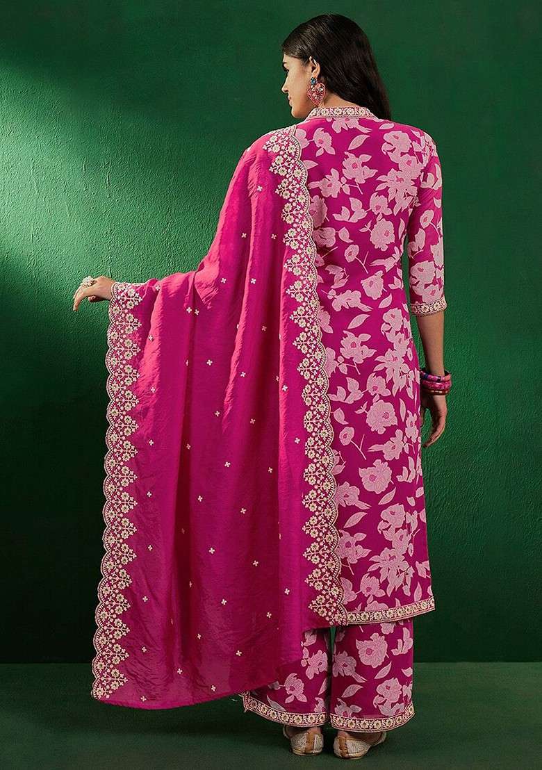 Pink Embroidered Blended Straight Kurta Set - Indya