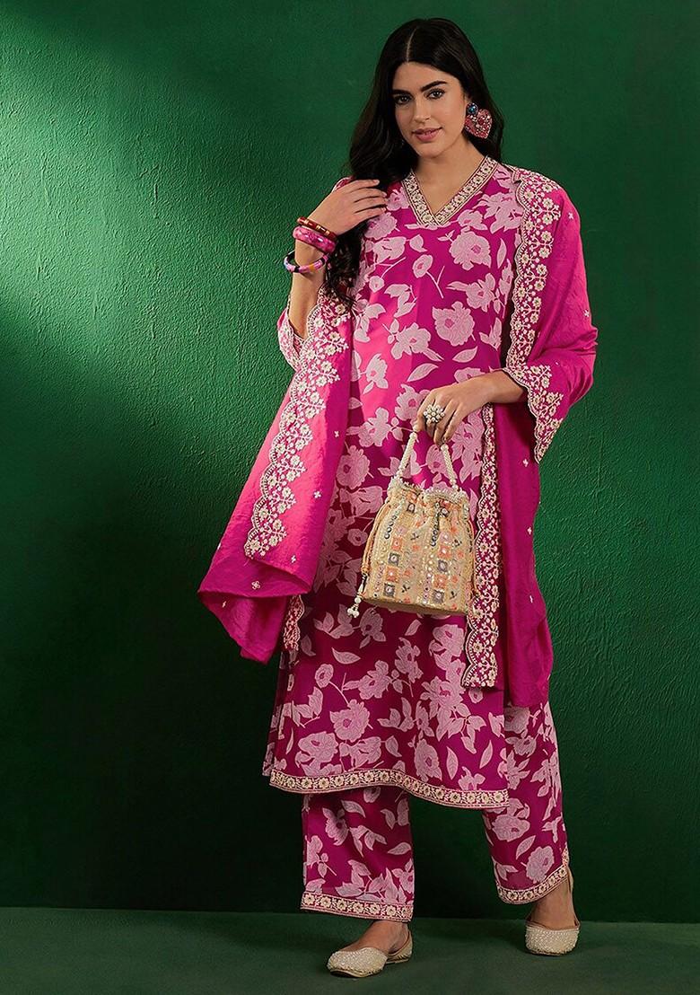 Pink Floral Print Bead And Stones Zari Straight Kurta With Palazzo And Dupatta
