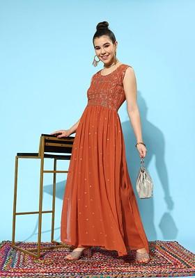 Rust Floral Embroidered Regular Sequin Kurta With Palazzos