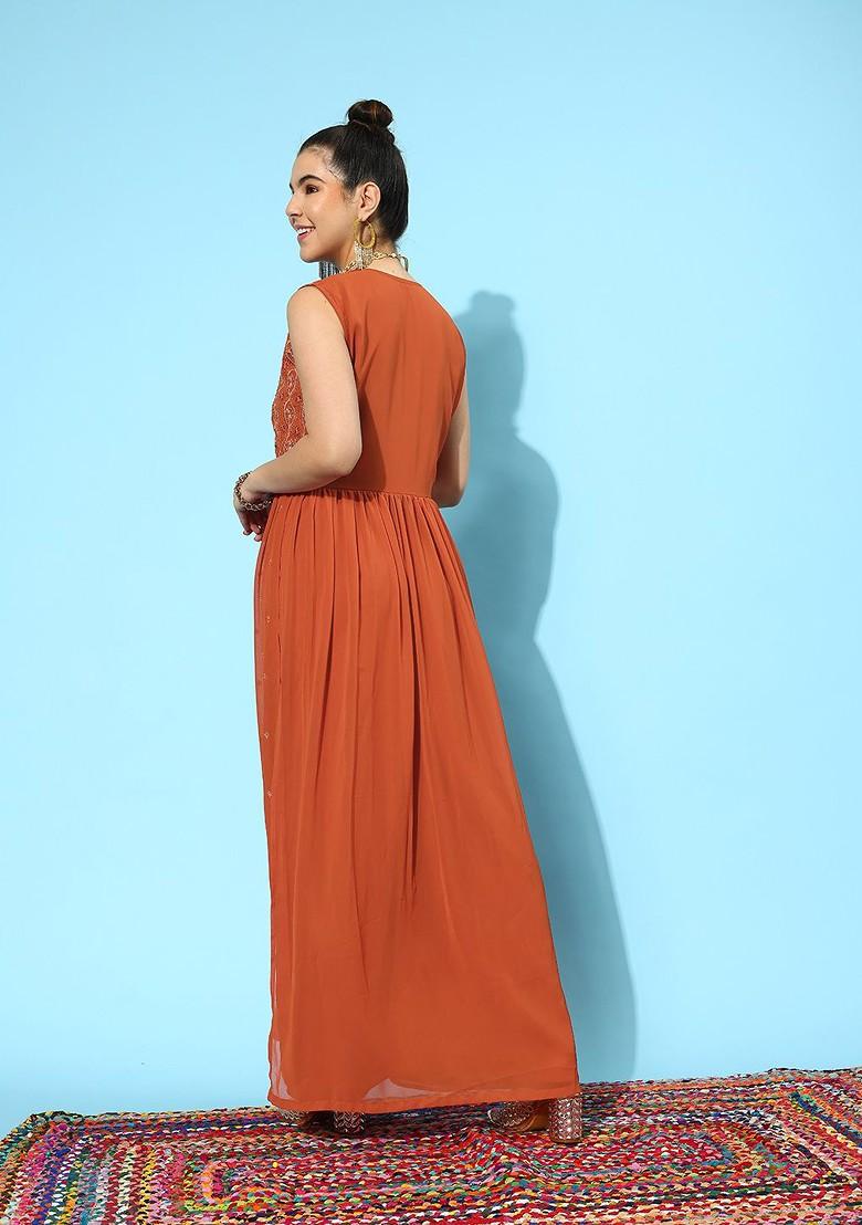 Rust Floral Embroidered Regular Sequin Kurta With Palazzos