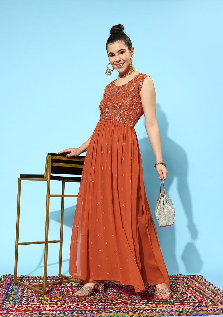 Rust Floral Embroidered Regular Sequin Kurta With Palazzos