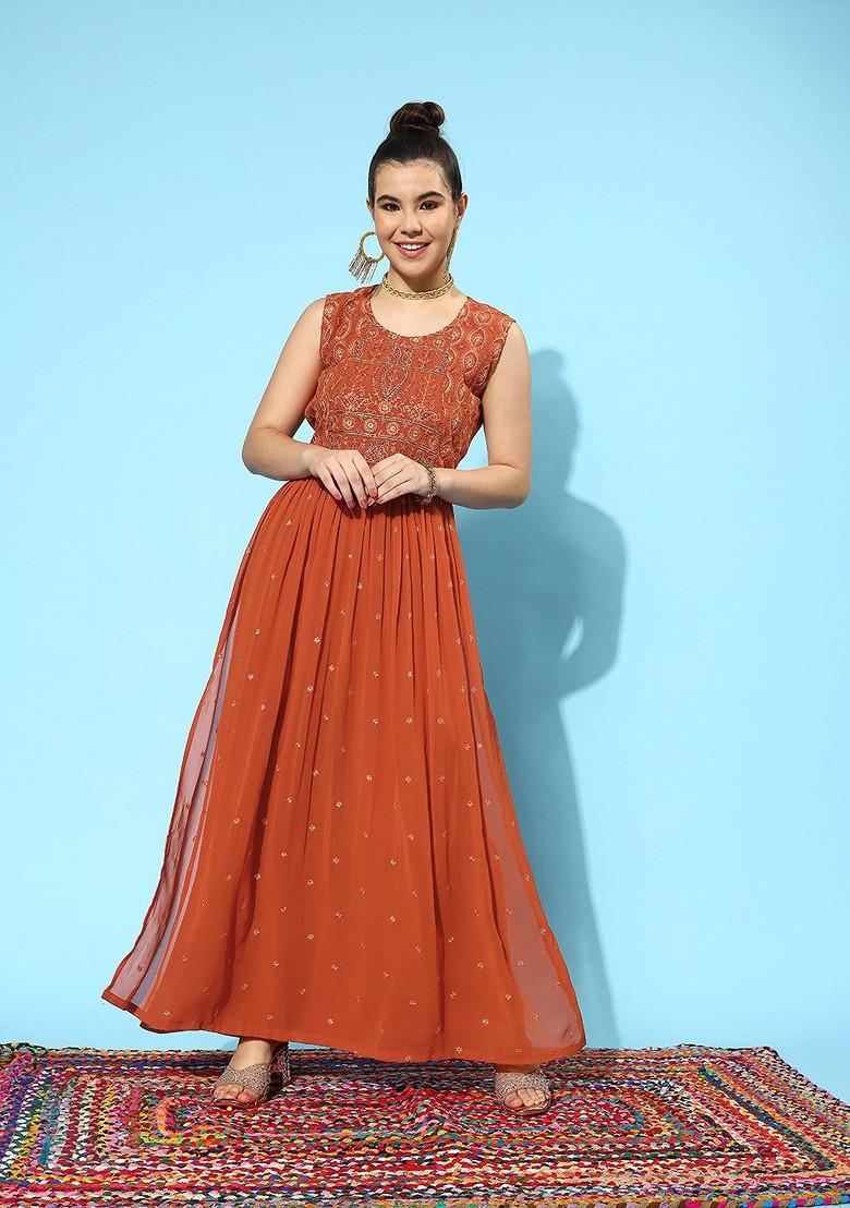 Rust Floral Embroidered Regular Sequin Kurta With Palazzos