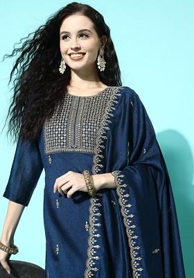 Blue Geometric Embroidered Yoke Sequin Straight Kurta And Palazzo With Dupatta